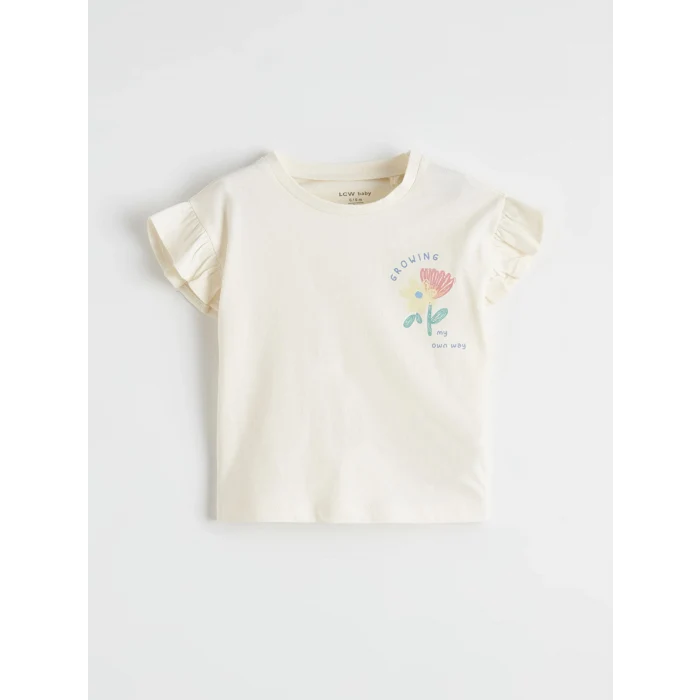 LCW baby Ekru Çiçek Baskılı Fırfırlı Kız Bebek Tişört ve Şort