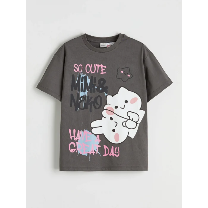 LCW Kids Gri Bisiklet Yaka Mimi ve Neko Baskılı Kız Çocuk Tişört