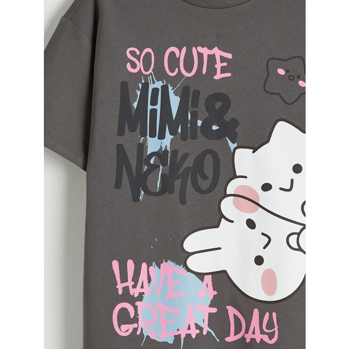 LCW Kids Gri Bisiklet Yaka Mimi ve Neko Baskılı Kız Çocuk Tişört