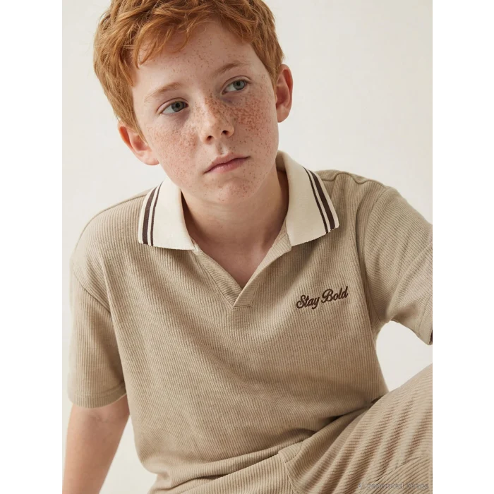 LCW Kids Bej Polo Yaka Nakışlı Erkek Çocuk Tişört