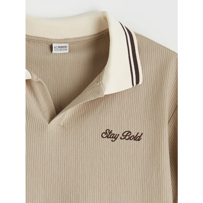 LCW Kids Bej Polo Yaka Nakışlı Erkek Çocuk Tişört