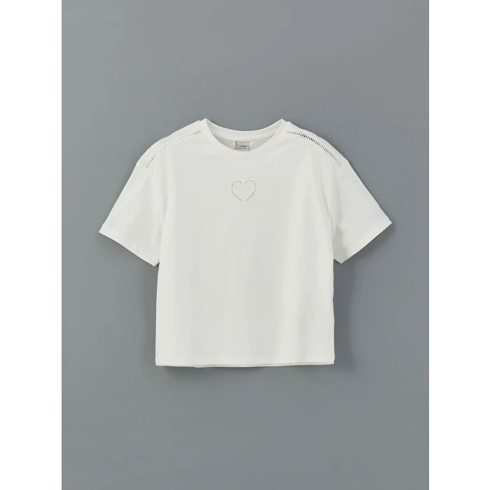 LCW Kids Ekru Bisiklet Yaka Kız Çocuk Tişört