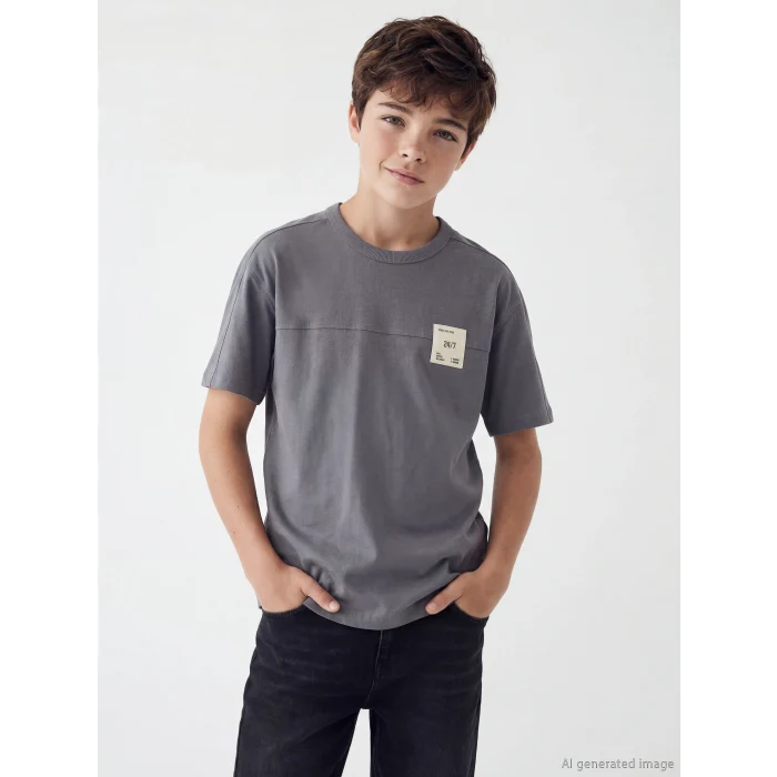 LCW Kids Gri Bisiklet Yaka Baskılı Erkek Çocuk Tişört