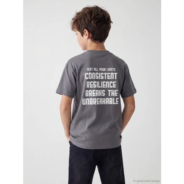 LCW Kids Gri Bisiklet Yaka Baskılı Erkek Çocuk Tişört