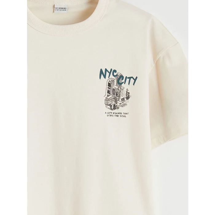 LCW Kids Bej Erkek Çocuk Bisiklet Yaka Baskılı Tişört