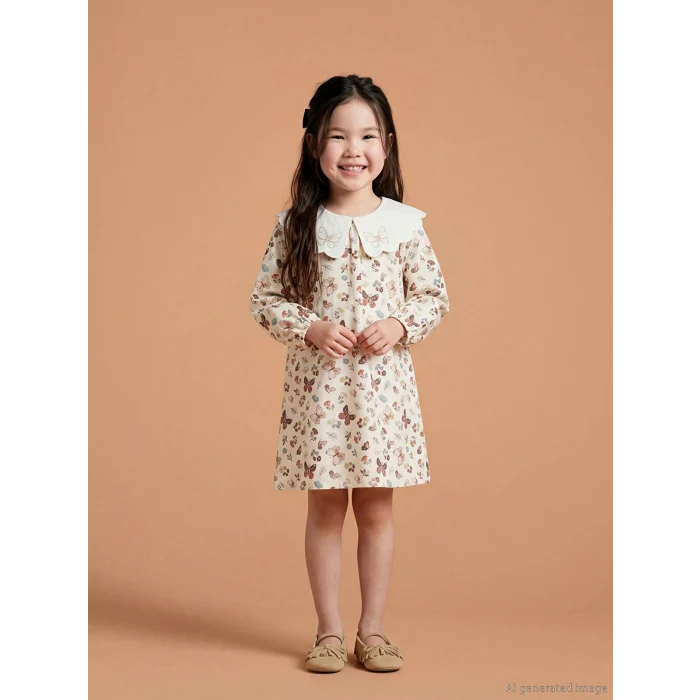 LCW Kids Ekru Bebe Yaka Baskılı Kız Çocuk Elbise