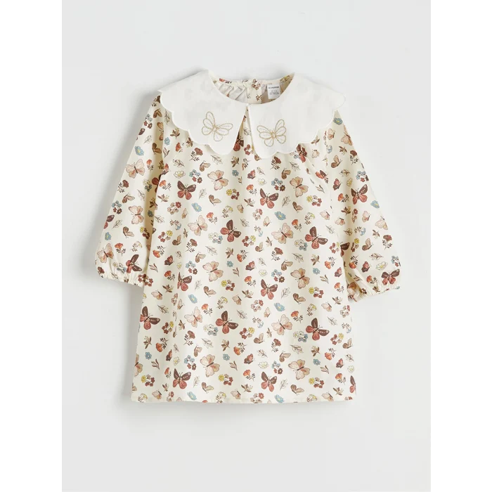 LCW Kids Ekru Bebe Yaka Baskılı Kız Çocuk Elbise