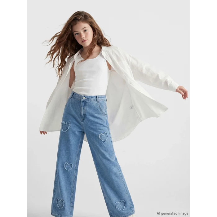 LCW Kids Mavi Wideleg Nakışlı Kız Çocuk Jean Pantolon