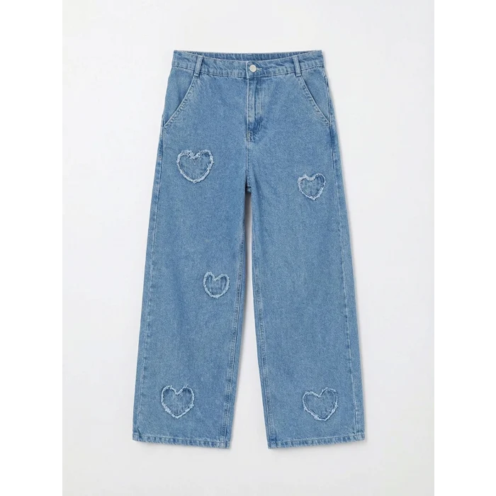 LCW Kids Mavi Wideleg Nakışlı Kız Çocuk Jean Pantolon