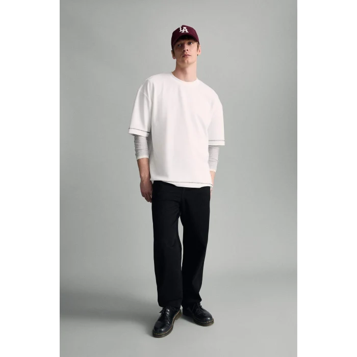 Defacto C0147AXER105 Ekru LOOSE FIT Nefes Alabilen Kumaş Tişört
