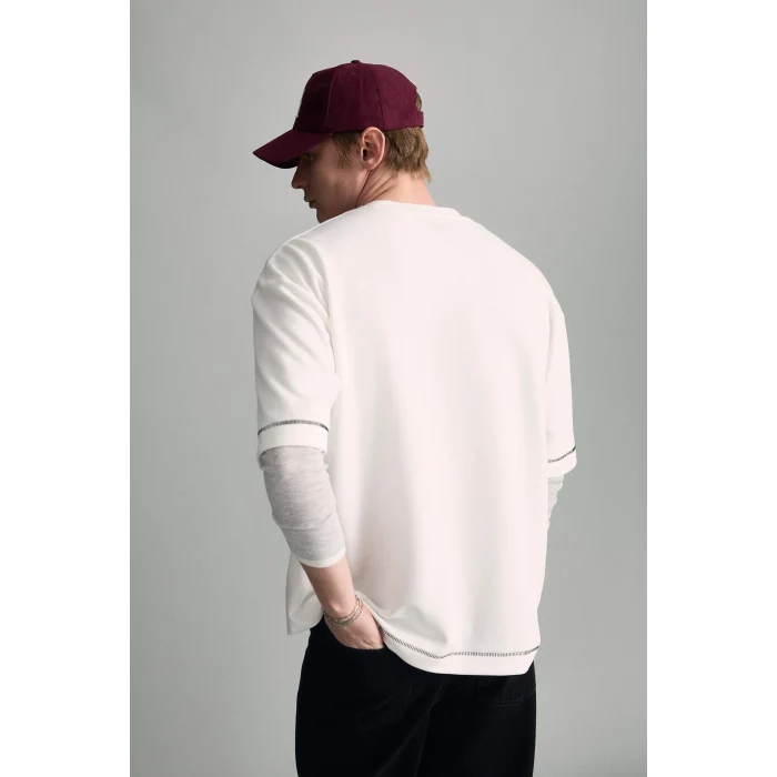 Defacto C0147AXER105 Ekru LOOSE FIT Nefes Alabilen Kumaş Tişört
