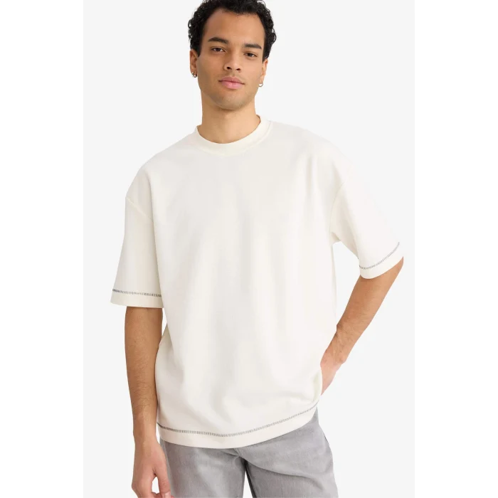Defacto C0147AXER105 Ekru LOOSE FIT Nefes Alabilen Kumaş Tişört
