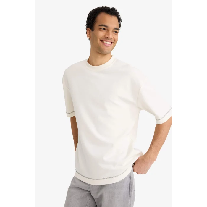 Defacto C0147AXER105 Ekru LOOSE FIT Nefes Alabilen Kumaş Tişört
