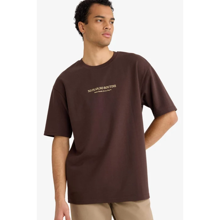 Defacto F8097AXBN192 Kahve Nefes Alabilen Boxy Fit Baskılı Tişört