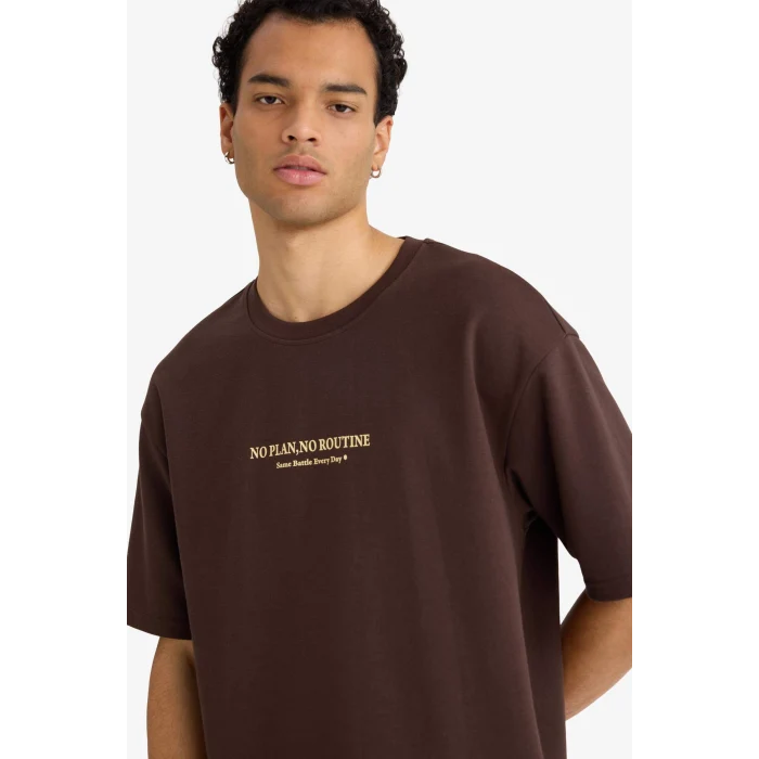 Defacto F8097AXBN192 Kahve Nefes Alabilen Boxy Fit Baskılı Tişört