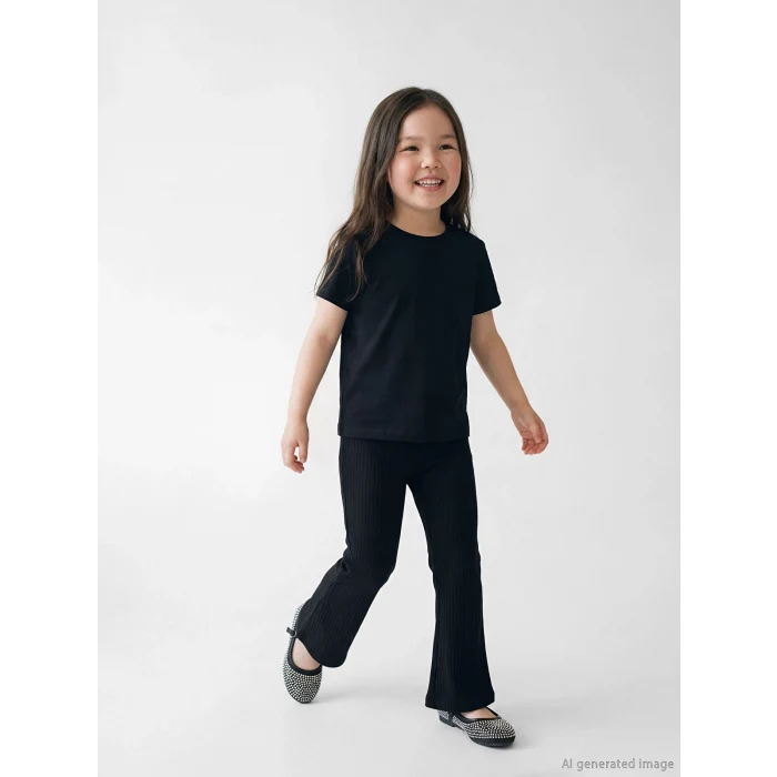 LCW Kids Siyah Beli Lastikli İspanyol Paça Kız Çocuk Fitilli Tayt