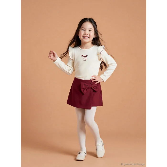 LCW Kids Ekru Fiyonk Detaylı Kız Çocuk Bluz Şort Etek ve Külotlu Çorap