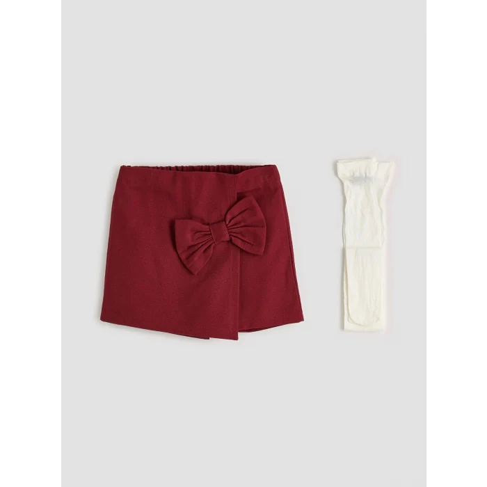 LCW Kids Ekru Fiyonk Detaylı Kız Çocuk Bluz Şort Etek ve Külotlu Çorap