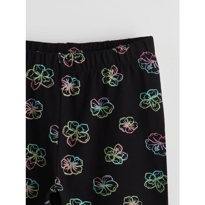 LCW Kids Siyah Beli Lastikli Çiçekli Kız Çocuk 3/4 Boy Tayt