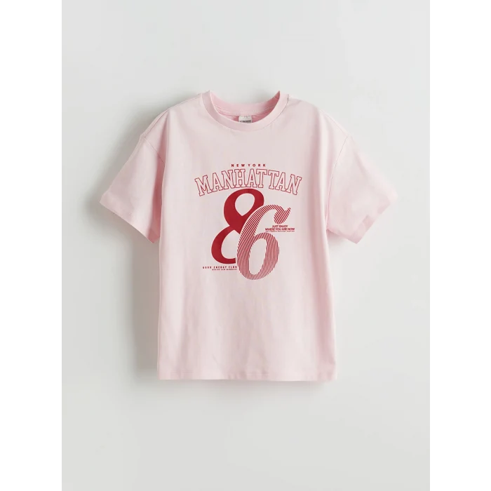 LCW Kids Pembe Bisiklet Yaka Manhattan Baskılı Kız Çocuk Tişört