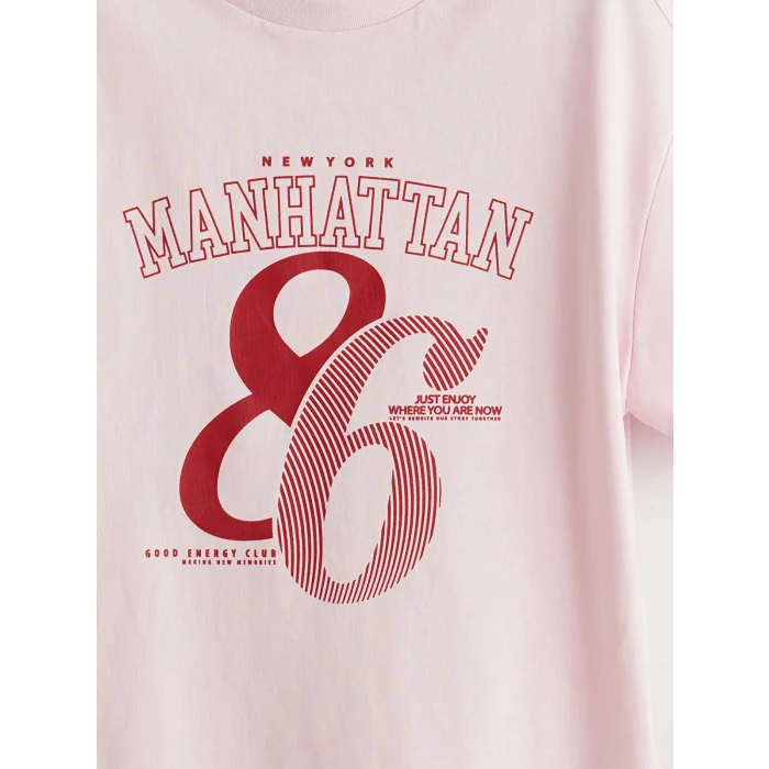 LCW Kids Pembe Bisiklet Yaka Manhattan Baskılı Kız Çocuk Tişört