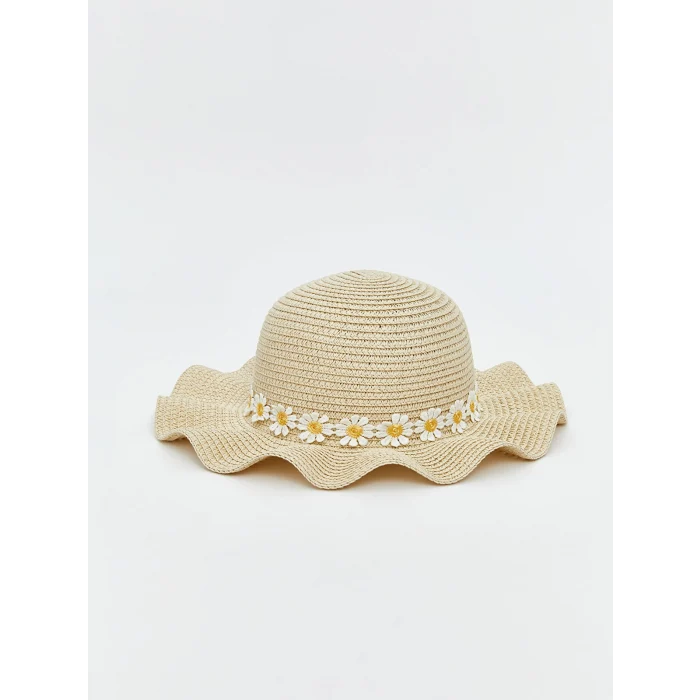 LCW ACCESSORIES Bej Çiçek Desenli Hasır Kız Çocuk Şapka