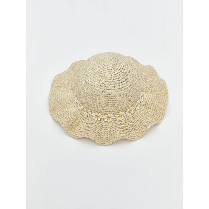 LCW ACCESSORIES Bej Çiçek Desenli Hasır Kız Çocuk Şapka