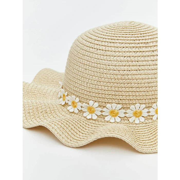 LCW ACCESSORIES Bej Çiçek Desenli Hasır Kız Çocuk Şapka