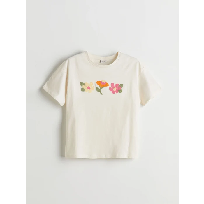 LCW Kids Ekru Bisiklet Yaka Çiçekli Kız Çocuk Tişört