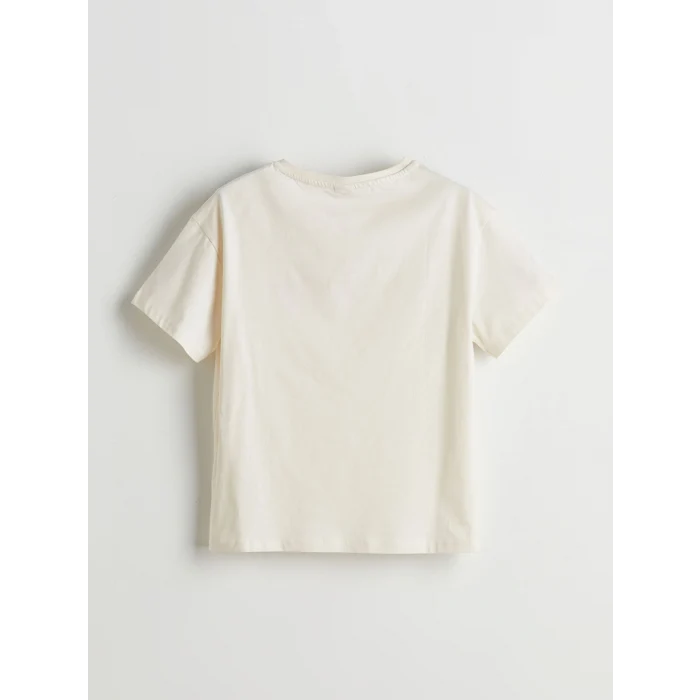 LCW Kids Ekru Bisiklet Yaka Çiçekli Kız Çocuk Tişört