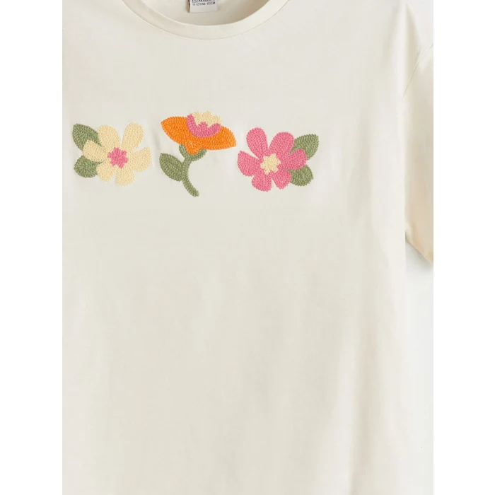 LCW Kids Ekru Bisiklet Yaka Çiçekli Kız Çocuk Tişört
