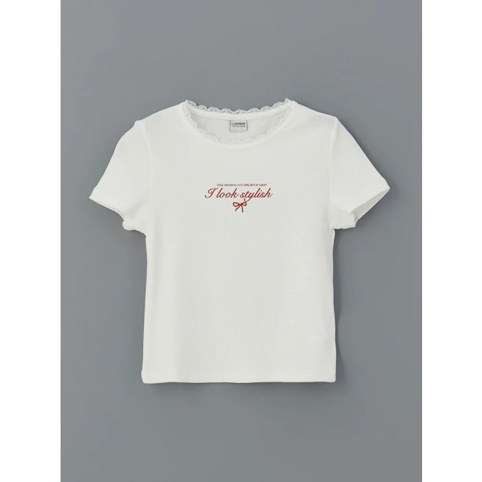 LCW Kids Ekru Bisiklet Yaka Kız Çocuk Tişört