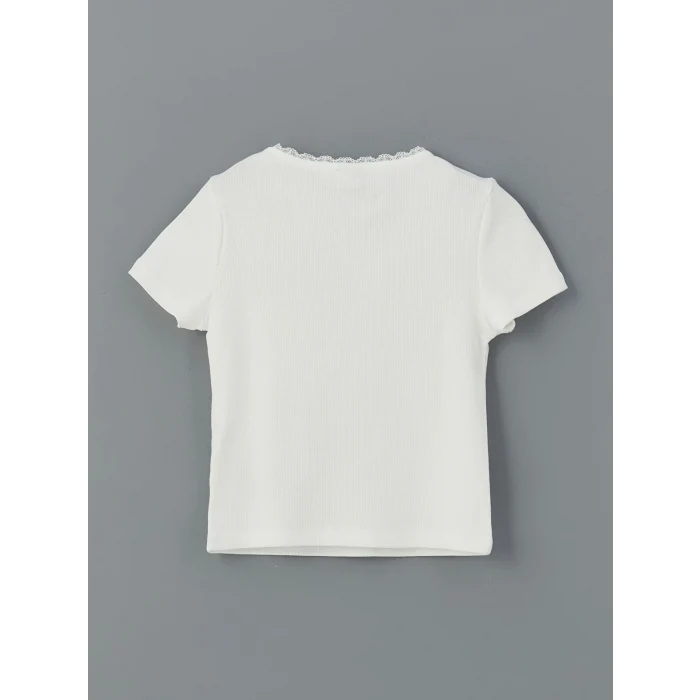 LCW Kids Ekru Bisiklet Yaka Kız Çocuk Tişört