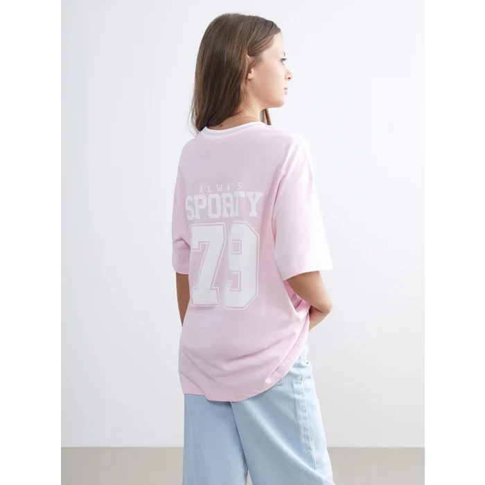 LCW Kids Pembe Bisiklet Yaka Baskılı Kız Çocuk Tişört