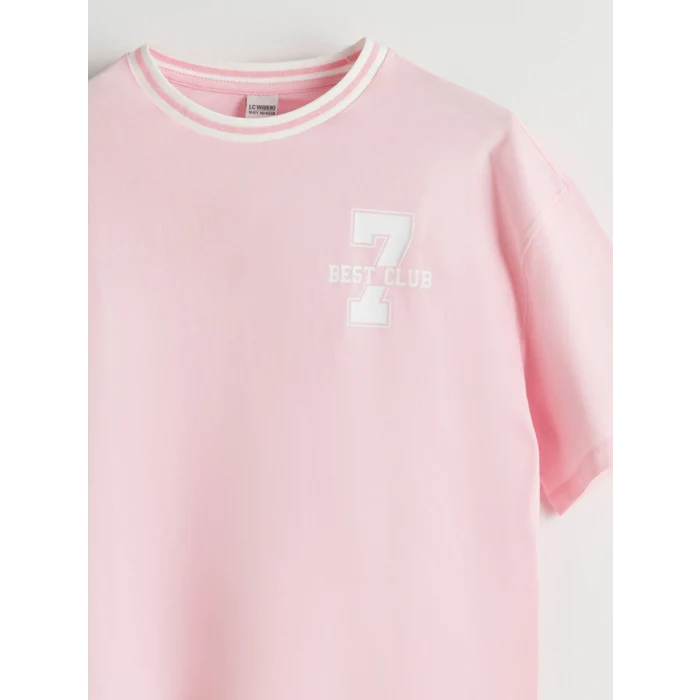 LCW Kids Pembe Bisiklet Yaka Baskılı Kız Çocuk Tişört