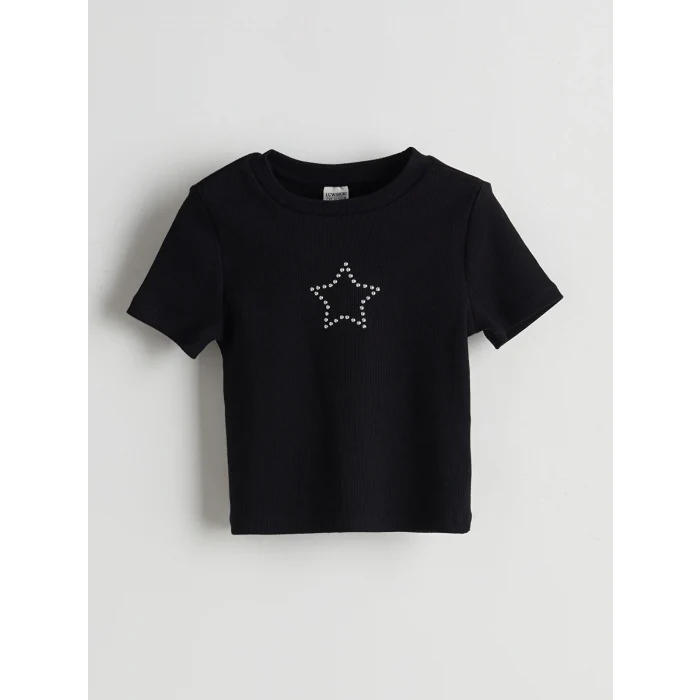 LCW Kids Siyah Bisiklet Yaka Taşlı Kız Çocuk Tişört