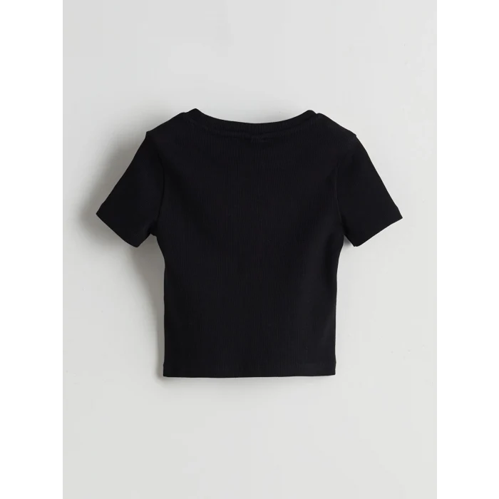 LCW Kids Siyah Bisiklet Yaka Taşlı Kız Çocuk Tişört