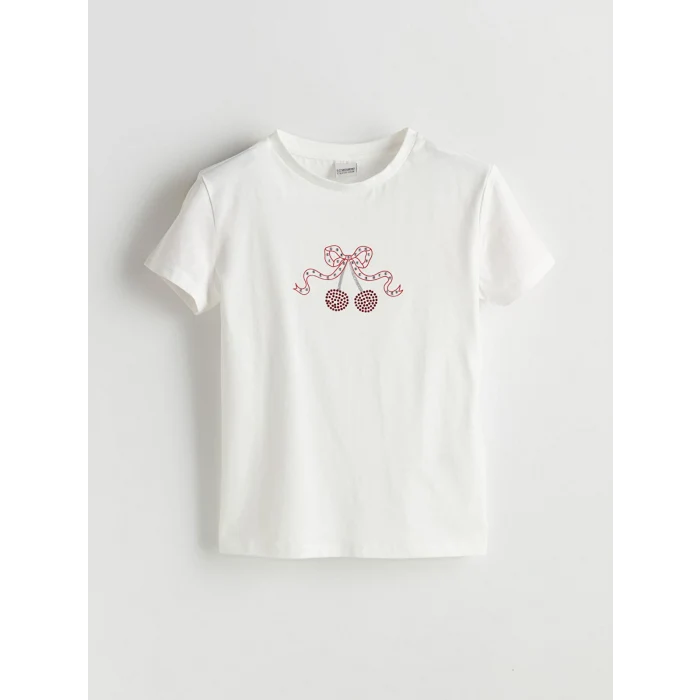 LCW Kids Ekru Bisiklet Yaka Taşlı Kız Çocuk Tişört