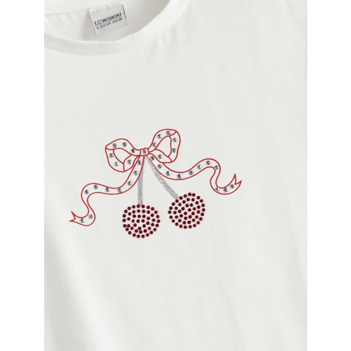 LCW Kids Ekru Bisiklet Yaka Taşlı Kız Çocuk Tişört