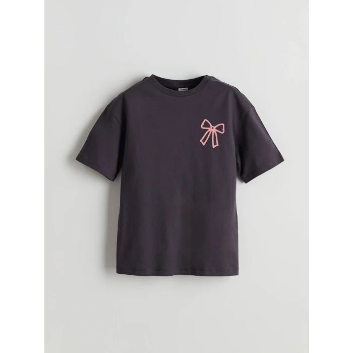 LCW Kids Antrasit Bisiklet Yaka Fiyonk Baskılı Kız Çocuk Tişört