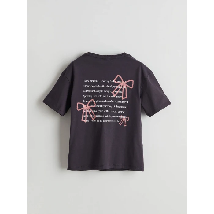 LCW Kids Antrasit Bisiklet Yaka Fiyonk Baskılı Kız Çocuk Tişört