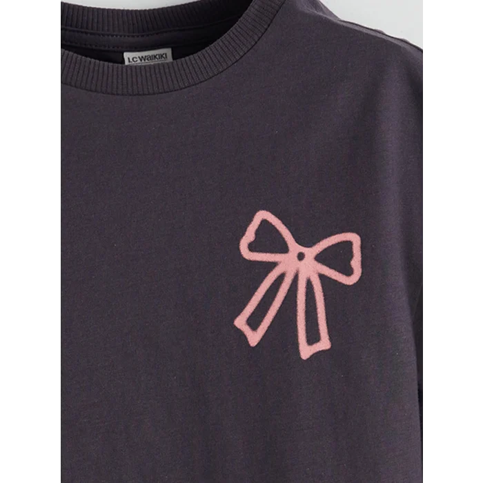 LCW Kids Antrasit Bisiklet Yaka Fiyonk Baskılı Kız Çocuk Tişört