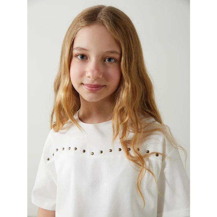 LCW Kids Ekru Bisiklet Yaka Kız Çocuk Tişört