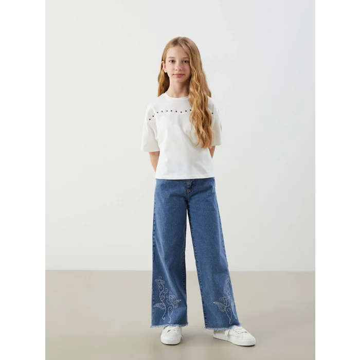 LCW Kids Ekru Bisiklet Yaka Kız Çocuk Tişört