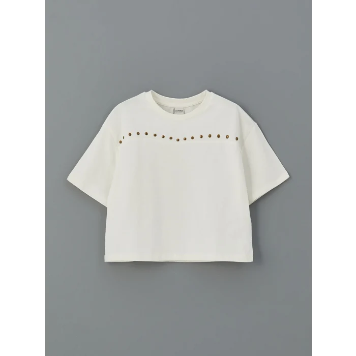 LCW Kids Ekru Bisiklet Yaka Kız Çocuk Tişört
