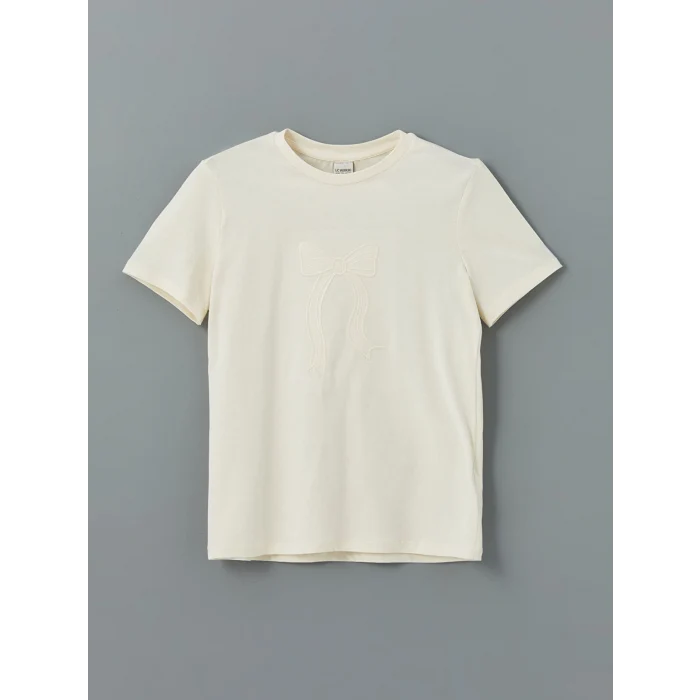 LCW Kids Ekru Bisiklet Yaka Fiyonk Nakışlı Kız Çocuk Tişört