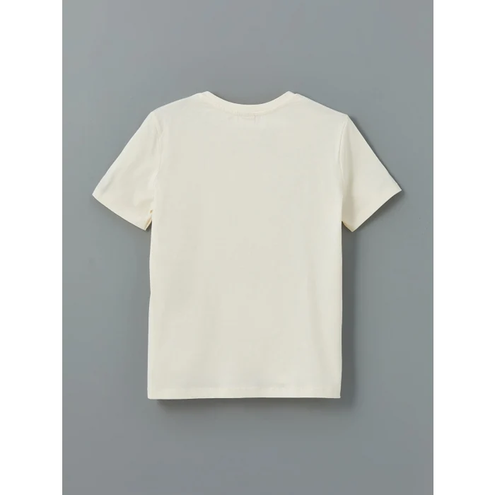 LCW Kids Ekru Bisiklet Yaka Fiyonk Nakışlı Kız Çocuk Tişört