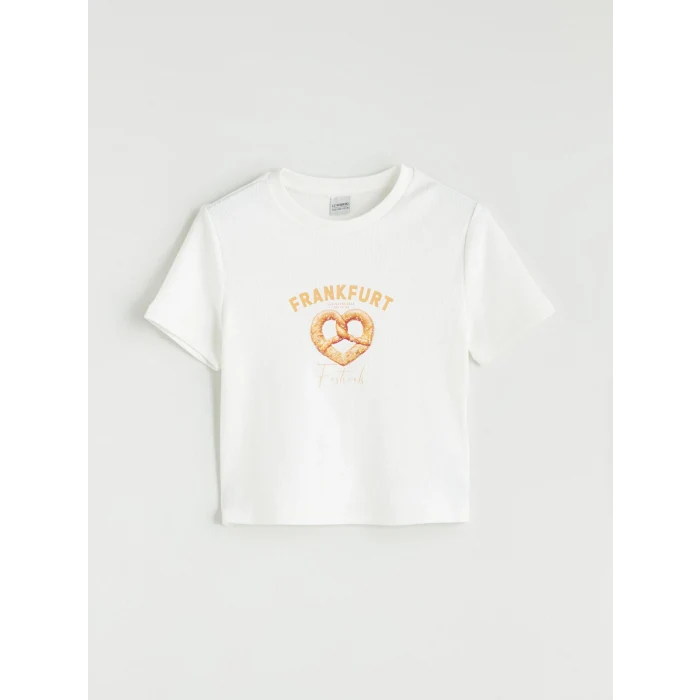 LCW Kids Ekru Bisiklet Yaka Frankfurt Baskılı Kız Çocuk Crop Tişört