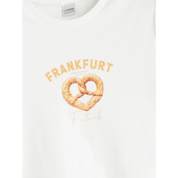 LCW Kids Ekru Bisiklet Yaka Frankfurt Baskılı Kız Çocuk Crop Tişört