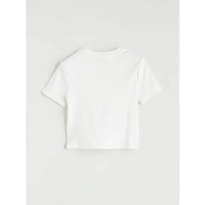 LCW Kids Ekru Bisiklet Yaka Frankfurt Baskılı Kız Çocuk Crop Tişört